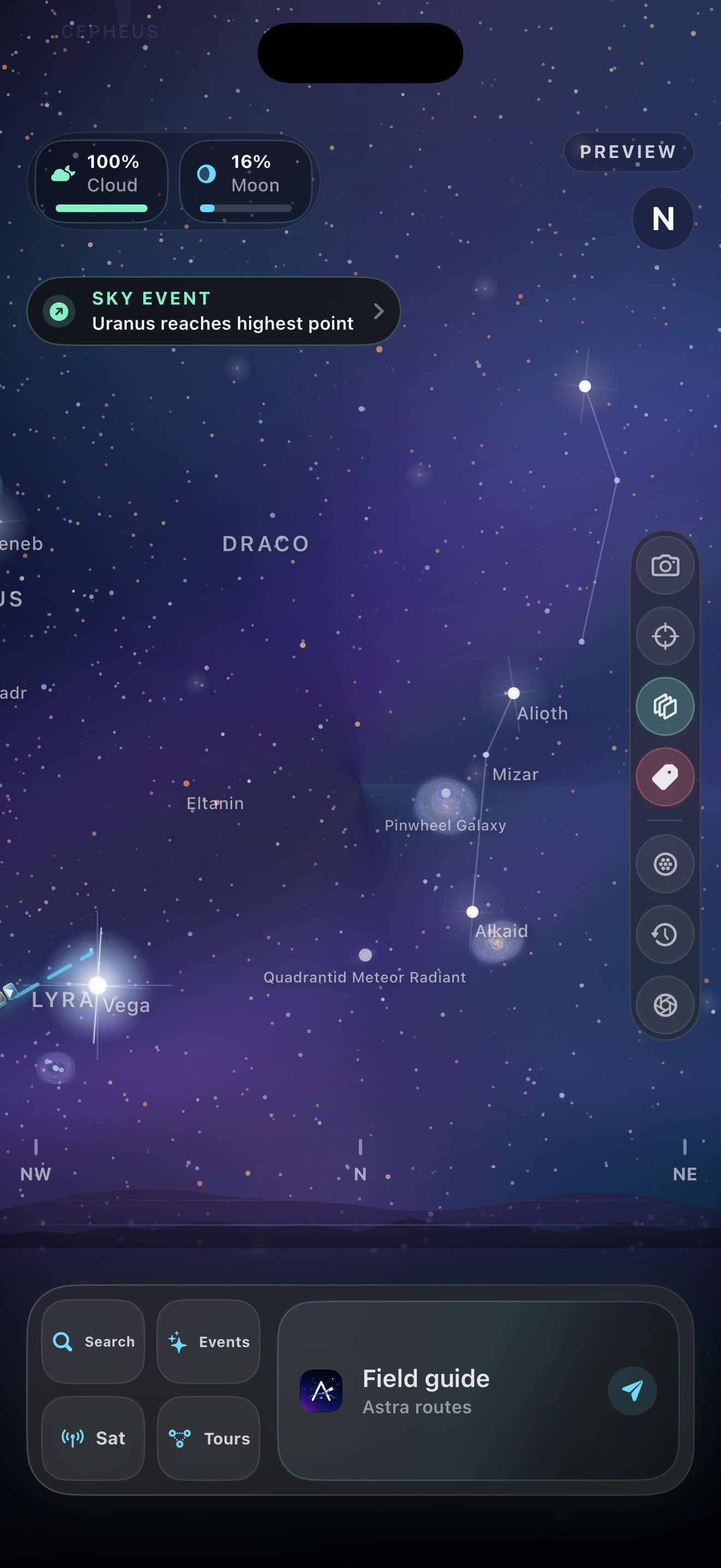 AstraScope sky map showing labelled stars, constellations and observing controls, with preview mode selected.